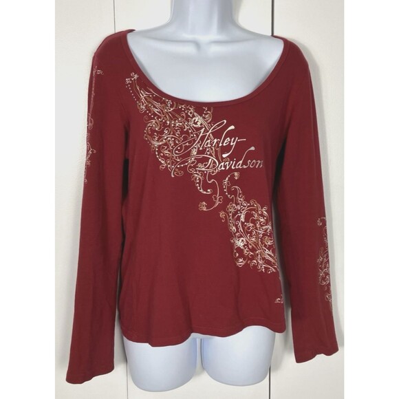 Harley-Davidson Tops - Harley Davidson Red & Gold Long Sleeve  Silver Studs Embellishment Top Small